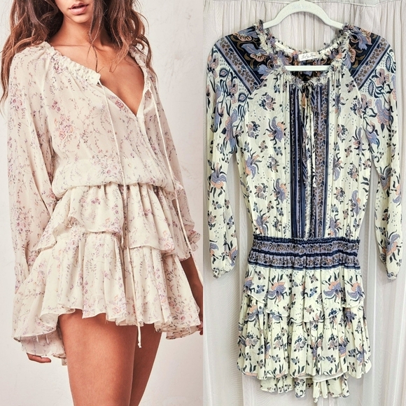 Loveshackfancy Popover Printed Silk Mini Dress Navy Blue Combo XS - Picture 1 of 16